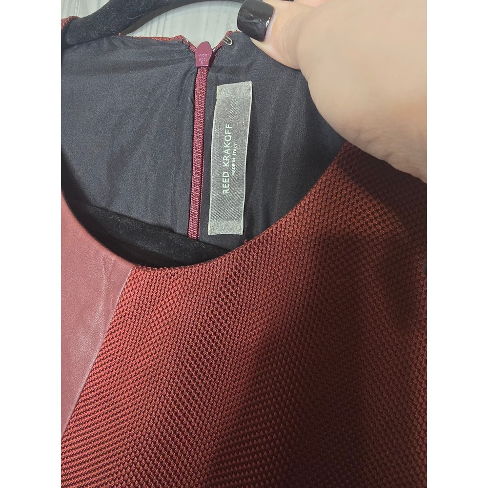 REED KRAKOFF Asymmetrical Leather Panel Silk Lined Dress Burgundy Size 8 - Picture 7 of 8